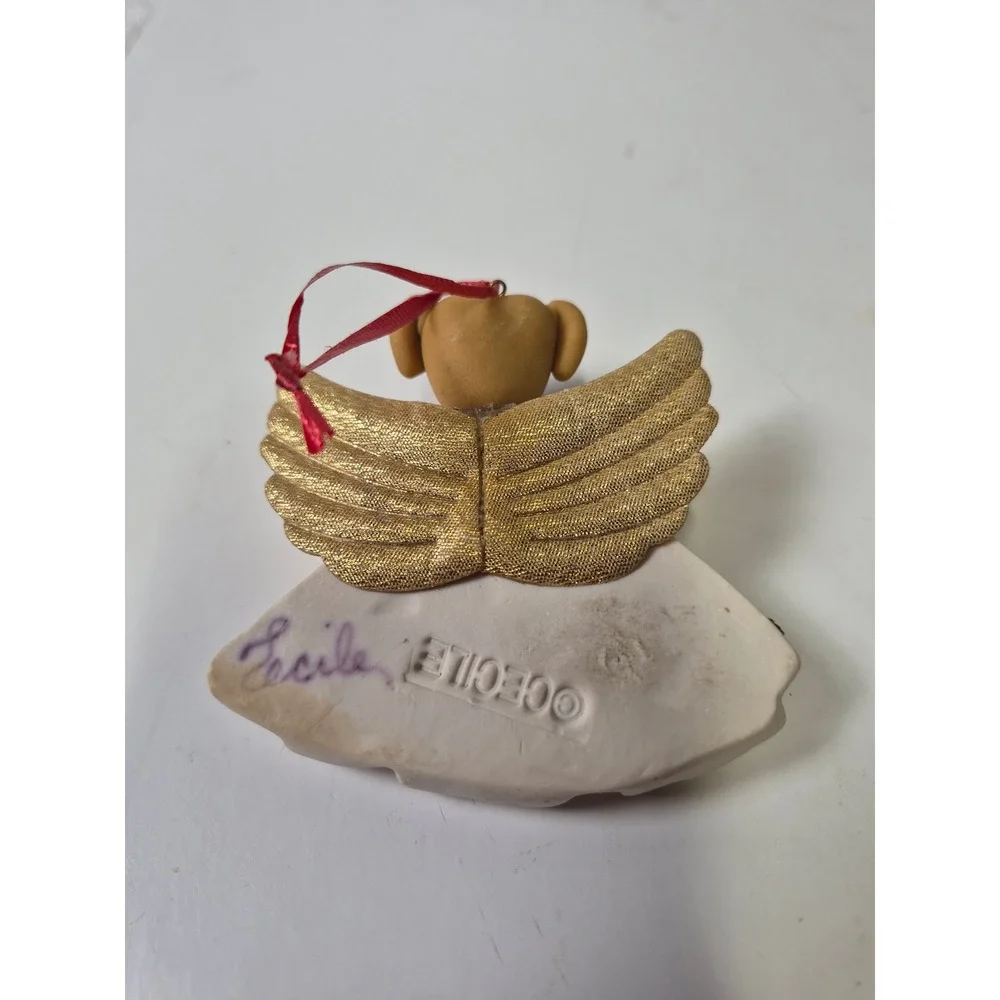 Cecile Signed Polymer Clay Angel Dog Ornament Gold Wings Yellow Lab Puppy
